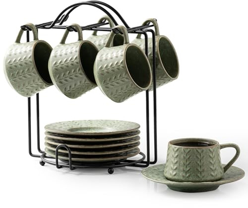 KOKUNKA Espresso Cups Set of 6, 4 oz Demitasse Cups with Saucer and Metal Stand Small Coffee Cup Set, Porcelain Cappuccino Cups for Latte, Cafe Mocha and Tea, Green