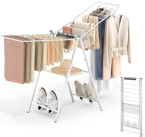 SYKIARIOL Clothes Drying Rack Foldable, Height Adjustable Clothes Airer, Metal Drying Rack Laundry, Portable Airers Clothes Indoor & Outdoor For Sweater (White)