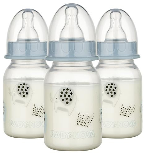 babynova Biberon 120ml con tettarella in silicone a flusso lento anti-colica per neonati - Prodotto in Germania - Senza BPA - Elefanti