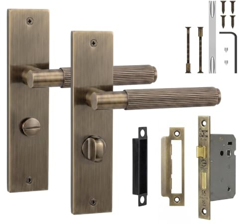 Decoranddecor Hera Antique Brass Bathroom Door Handles with Lock Kit | Bathroom Lock & Thumb Turn Included, 64mm Fire Rated, Ready to Fit, Interior Door Handles, 200x45mm Plate