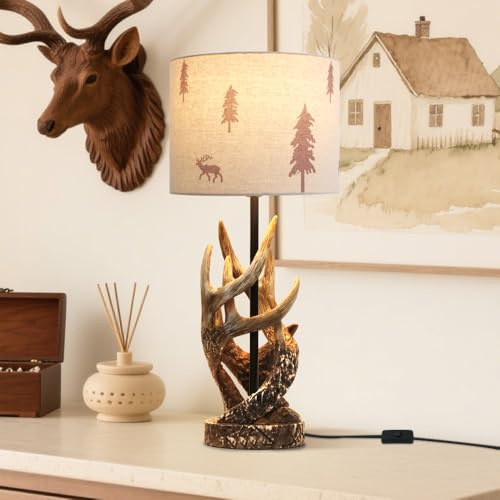 YESINTO Resin Tischlampe, Rustikale Tischleuchte im Landhausstil,Stoffschirm mit Hirsch- und Baum-Motiv,Schreibtischlampe Hirsch Geweih Basis,Nachttischlampe für Bett, Schlafzimmer,Büro,Bauernhaus