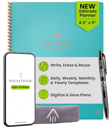 Rocketbook Flex wiederverwendbarer Planer, Briefgröße 21,6 x 28,9 cm, Blaugrün | Intelligente undatierte Vorlagen für tägliche, wöchentliche und monatliche Jahreskalender, inklusive Stift und Handtuch