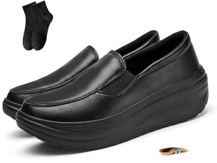 POIOZXD Women's Ergonomic Pain Relief Arch Support Leather Shoes, Platform Wedge Women's Walking Shoes Slip on Loafers Comfy Lightweight Rocker Bottom Sneakers Nurse Shoe (Black,7.5)