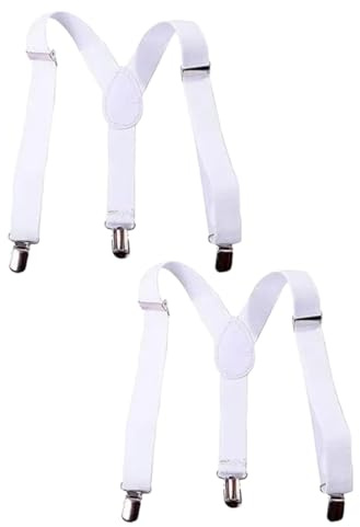 Opemg 2 bretelle bianche per bambini, ragazze, ragazzi, bretelle elastiche regolabili con clip a Y con clip in metallo, per ragazzi e ragazze, per bambini regolabili, bretelle elastiche a forma di Y