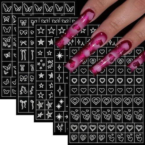 5 Sheets Airbrush Stencils Nail Stickers for Nail Art Bow Star Heart Butterfly Nail Stickers French Design Hollow Printing Template Stencil Nails Guides Printing Template DIY Nail Design for Women