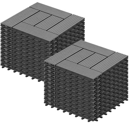 Laneetal Lot de 11 Carreaux de Terrasse à Lattes en WPC, Carreaux Extérieur pour Jardin, Dalle de Terrasse Clipsable en Composite à Emboîtement, Patio, Balcon, 30x30cm, Effet Bois, Gris clair