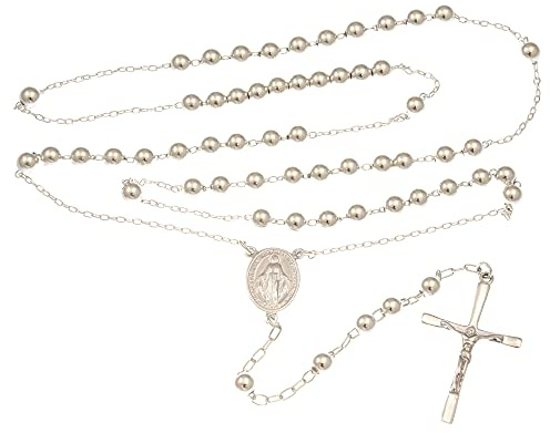 Alexander Castle Rosenkranz aus massivem 925er Sterlingsilber, katholisch, für Damen, Kinder, wundertätige Medaille, 5 mm Perlen, Rosenkranz mit Schmuck-Geschenkbox, Sterling Silber, ohne Stein