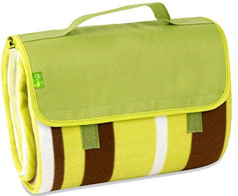BRUBAKER Picknick Decke Fleece mit wasserfester PEVA Unterseite 150 x 135 cm Hellgrün Streifen Braun Weiß