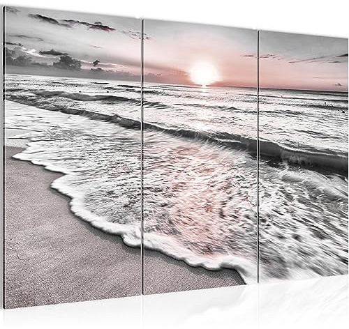Runa Art Wandbilder Sonnenuntergang Strand Bild XXL Schlafzimmer Wohnzimmer Grau Rosa Landschaft 120 x 80 cm 3 Teilig 023731b