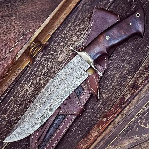 BIGCAT ROAR Raptor - Coltello da Caccia Artigianale in Acciaio Damasco 33 5 cm - Manico in Legno di Noce e Fodero in Cuoio - Bushcraft Campeggio Sopravvivenza - Regalo Uomo Cacciatore