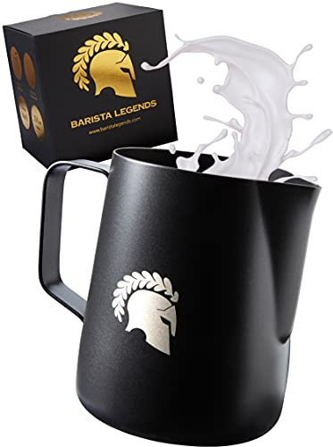 Barista Legends® Milchkännchen Edelstahl Schwarz matt 350ml mit speziellem Latte Art Ausguss für perfekten Milchschaum - Milchschaumkännchen mit Teflon Beschichtung (Schwarz 350ml)