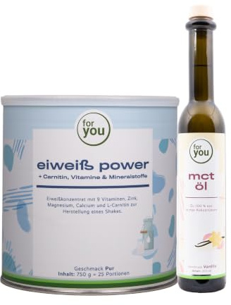 for you Power Eiweiß Pur + MCT-Öl Vanille Set – Protein Pulver nach Dr. Strunz (750g) & 250ml MCT Öl aus 100% Kokosöl | Low Carb Energy Bundle | Schnelle Energie & Muskelaufbau