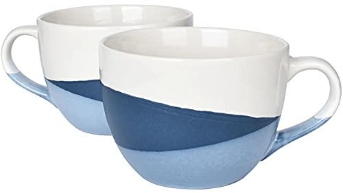 Bosmarlin Large Stoneware Coffee Latte Mug Set of 2, Jumbo Soup Mugs for Office and Home, 18 Oz, Dishwasher and Microwave Safe, Geometry Style (Blue, 2)