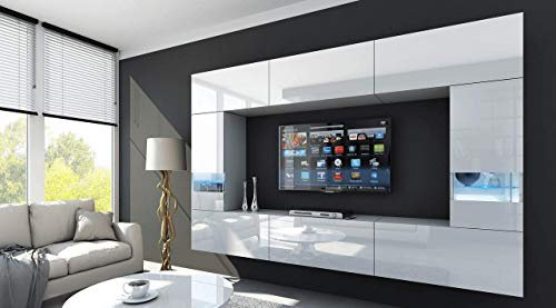 Furnitech Wohnwand Wohnzimmer - Wohnzimmer Möbel mit LED Blau - Hängend Wohnwand Modern Schrankwand mit Regale und TV Schrank (Future 29/HG/W/2 1A)