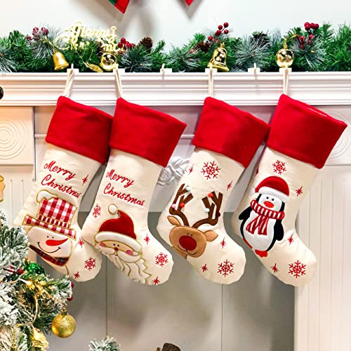 Hopearl Weihnachtsstrümpfe Set 4er - Rustikale Leinen Socken mit Weihnachtsmann, Schneemann, Rentier & Pinguin - 48 cm Geschenkbeutel für Weihnachtsbaum & Familienfeiern