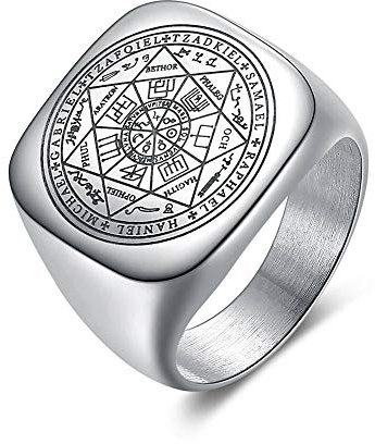 BlackAmazement Bague en acier inoxydable 316L - Sceau des Sept Archange - Chevalière - Argent - Homme et Femme, acier inoxydable,