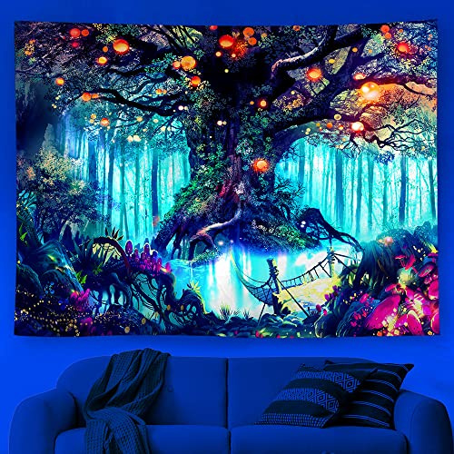 Ricemru Tree of Life Wandteppich Wald Natur 230x150 UV Licht Wandtuch Wandtücher Magic Forest Trippy Natur Landschaft Wandbehang Tapestry Wanddeko Home Décor