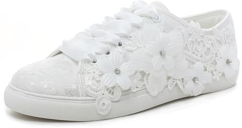Elivandon 16054 Wedding Shoes Bridal Sneakers Flats Bride Tennis Shoes Flowers Lace Sneakers Colour Ivory,Size 6.5 UK/40 EU