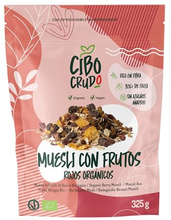 Muesli de Frutos Rojos sin Azucar - 325g. Muesli con Copos de Avena y Centeno con Frutos Secos y Liofilizados como Cereza Negra Grosella Fresa y Frambuesa.