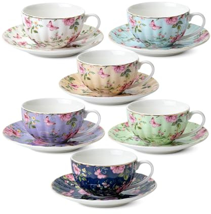 BTaT- Floral Tea Cups and Saucers, Set of 6, 7 oz, Fine Porcelain Teacup Set with Gold Trim for Afternoon Tea, Weddings, Parties & Gifting, Dishwasher Safe and Freezer Safe, Mothers Day Gift
