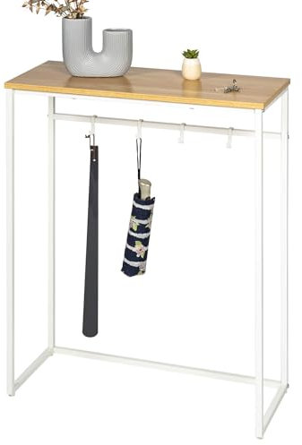 eluno Konsolentisch aus Metall mit 1 Holzablage, höhenverstellbare Füße, 4 Haken, als Beistelltisch oder Sideboard, viel Platz für Bücher, Pflanzen und Deko (Weiß)