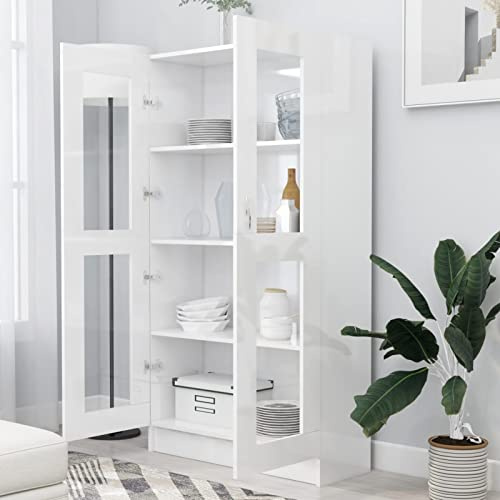 Homgoday Vitrine Glasvitrine mit 4 Fächern und 2 Türen, Wohnzimmermöbel, Sideboard, Esszimmer, Sideboard, Küche, Vitrinenschrank aus Holz, Weiß Hochglanz 82,5 x 30,5 x 150 cm