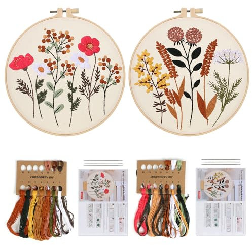 2 Sets Sticken set Erwachsene, Embroidery Kit Blumenstickset Stickset für Anfänger DIY Kunstprojekt Bastelset mit Stickrahmen Anleitung Sticknadel Stickgarn Kreuzstich Set(Muster C+D)
