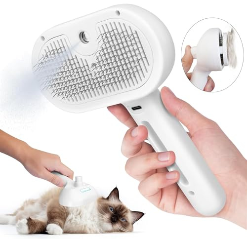 Katzenbürste mit Dampf, 3-In-1 Katzen Dampfbürste mit Spray für Langes/Kurzes Haar, Hundebürste mit Dampf für Massage, Pflege und Haarentfernung, Dampfbürste Hund mit Wassertank und Spray