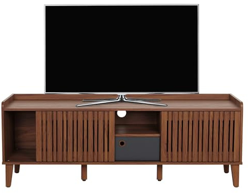 Mendler HWC-M48 - Estante para televisores (56 x 150 x 40 cm), diseño de nogal, color gris oscuro | Mueble bajo para TV, puerta corredera