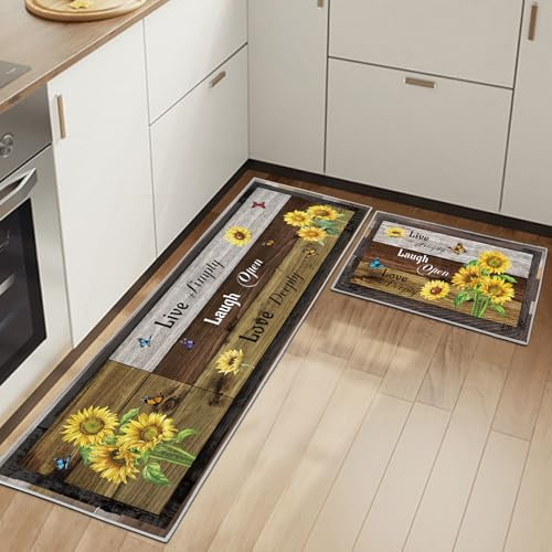 Küchenteppiche Rutschfestes Küchenmatten 2 Stück, Waschbar Küche Bodenmatte Küchenmatten Set Mit Schiebeaufkleber,Komfort Pflegeleicht Für Küche Staubdicht Fußmatte (Sonnenblumen, 40x60+40x120cm)