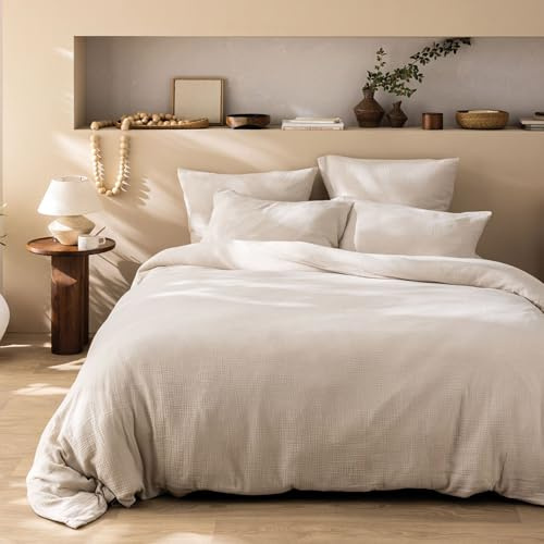 MATT & ROSE Parure de lit Unie Double Gaze DE Coton 240x220cm | 100% Coton de qualité supérieure | Oeko-TEX | Housse de Couette 240x220cm + 2 Taies d'oreiller 65x65 cm | Naturel