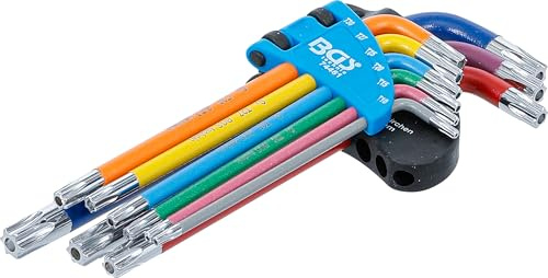 BGS 74461 | Winkelschlüssel-Satz | T-Profil (für Torx) mit Bohrung | 9-tlg. | Größen T10 - T50 | farbcodiert | Chrom-Vanadium-Stahl (S2) | Kunststoff-Klapphalter