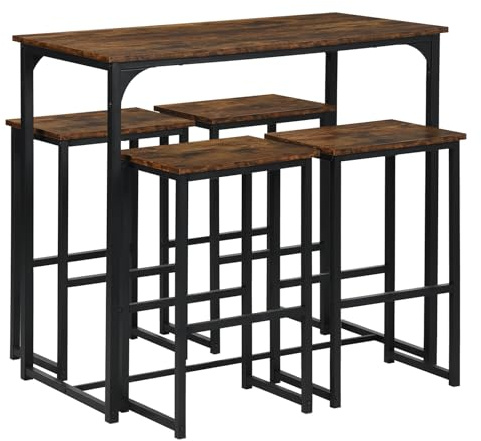 ZZINOKE Bartisch mit Barhocker Set, Bartisch Küche mit 4 Hocker, Industriestil, geeignet für Küche, Esszimmer, Wohnzimmer, Kneipe, Tisch 100×50×90 cm,4 Barhocker 30×40×65 cm(Vintage-Braun)