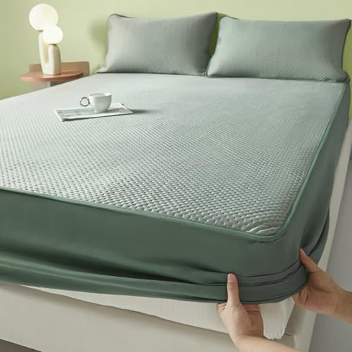 AMDXD Betthusse mit 2er Kissenbezüge 200x220cm Set 3tlg Atmungsaktiv, Spannbettlaken für Topper Einfarbig Grün Faltenresistent und Ausbleichen, Polyester Tagesdecke