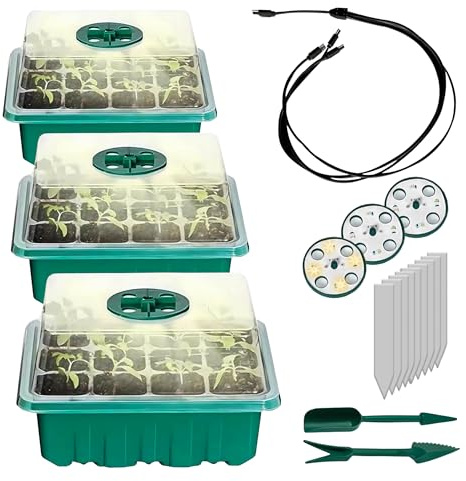 Mini serre à cultiver avec éclairage LED - Lot de 3 - Rebord de fenêtre - Kit de serre avec outil de plantation et panneaux - Kit de culture d'intérieur avec ventilation