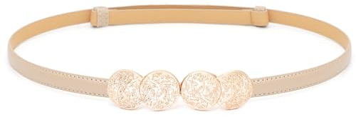 Buywis Skinny Belts for Women Thin Waist Belt with Gold Buckle for Dresses | Ladies PU Leather Belt 120cm Beige Fit Waist 34-45