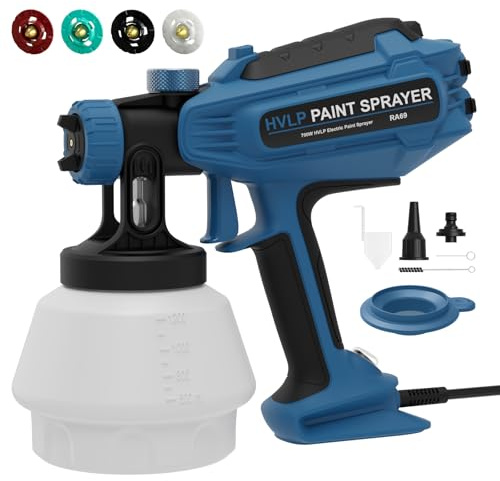 Farbsprühsystem 700W HVLP mit 4 Düsen & 3 Sprühmuster, Elektrische Lackierpistole mit Blas- & Reinigungsfunktion, 1200ml Tank, Sprühpistole für Möbel, Wände, Türen, Zäune, DIY