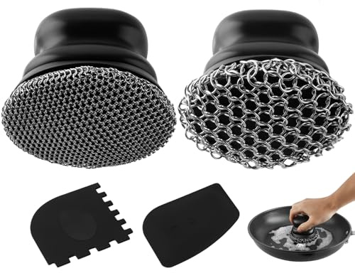 Rascador para sartenes de Hierro Fundido, Limpiador de ollas con 2 rascadores, Cepillo de Limpieza de Malla metálica para Platos, ollas, sartenes, planchas, Parrillas (Negro Intenso, Pequeño-Grande)