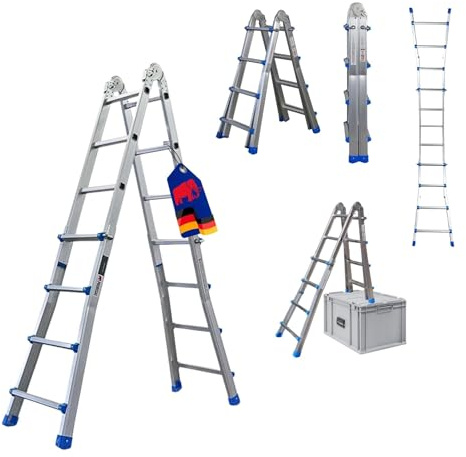 PROREGAL Sprossen-Mehrzweckleiter Apollo 3-in-1 Aluminiumleiter 4x4 Sprossen bis zu 3,7m Höhe Traglast 150kg Silber Treppenleiter Klappleiter Teleskopleiter Stehleiter Anlegeleiter