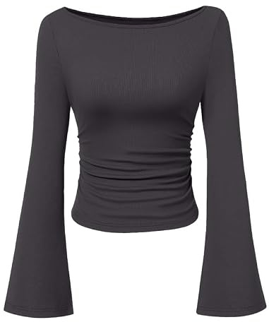 Sukiglam T-Shirts à Manches Longues Femme Chic et Elegant Haut Col Bateau Côtelé Moulant Top Manche Evasées Tee Shirt Basique Automne Hiver Plis Latéraux Chemisiers Tendance Blouse Idéal Jean ou Jupe