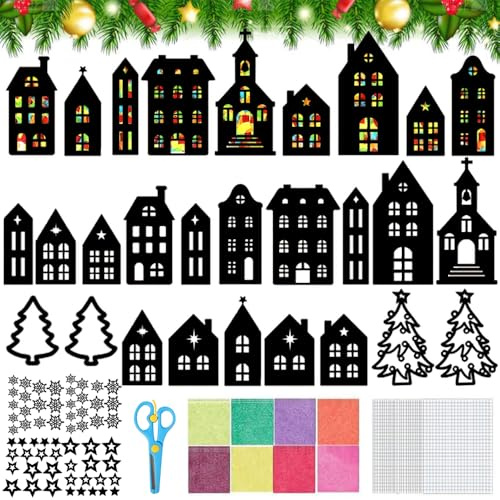 HEYIDAMAI 32 Stück Weihnachten Basteln Kinder Fensterbilder, Weihnachts Bastelset Fenster, Haus,Weihnachtsbaum, Terne, Bunte Weihnachten Deko, Kreatives DIY Bastelset für Kinder, Weihnachtsdeko