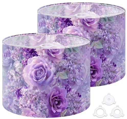 Fabric Drum Lamp Shade Soft Purple Roses Lilac Flowers Floral Design Vintage Funky Medium Linen Decorative Lampshades 13inch Set of 2 for Table Lamps, Floor Lamps,Ceiling Lamp