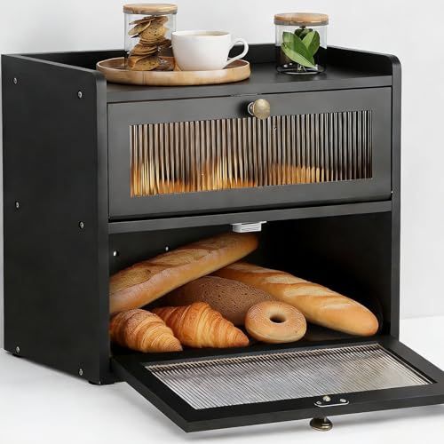 Houbobo Double Decker Bread Bin - Wooden Bread Box for Kitchen Countertop, Large Kitchen Countertop Food Organiser, Stylish Bread Storage Container with Acrylic Window, 36.5x24x34 cm, Black