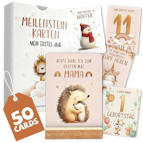Tarjetas de hitos para bebé en estilo bohemio con 50 tarjetas mensuales para escribir y un soporte de exhibición de madera, adecuado para nacimientos, bautizos, baby showers
