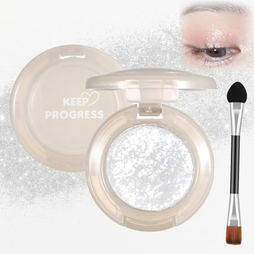 Shimmer Eyeshadow Compact, Silver-White Sparkle, 1 Pan And Applicator | Double-Ended Tool With Sponge Tip And Flat Brush, For Evening Eyelid Looks, Under-Eye Details And Reflective Facial Accents