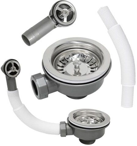 Inodiref Kitchen Sink Waste Kit 110mm Stainless Steel Kitchen Sink Overflow Kit, Kitchen Sink Strainer Kit with Overflow Pipes, Thickened Design for Sink Hole Size 83-90mm(Round Interface)
