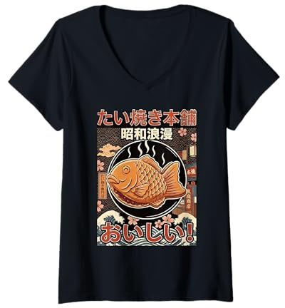 Mujer Vintage Japonés Taiyaki Fish Cake Retro Showa Era Snack Art Camiseta Cuello V