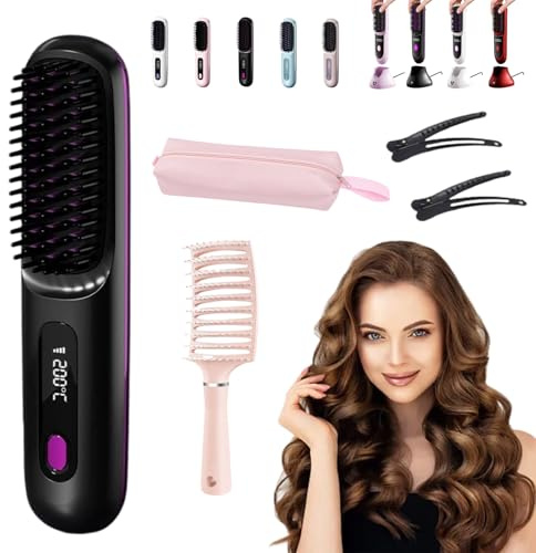 Brosse lissante chauffante cheveux court, Brosse cheveux bouclés，For Giovencia Brosse Lissante Portable Naelyah Gobrosse Pro,Anti-BrûLure Avec éCran Led Rechargeable Pour Tous Les Types De Cheveux (A)