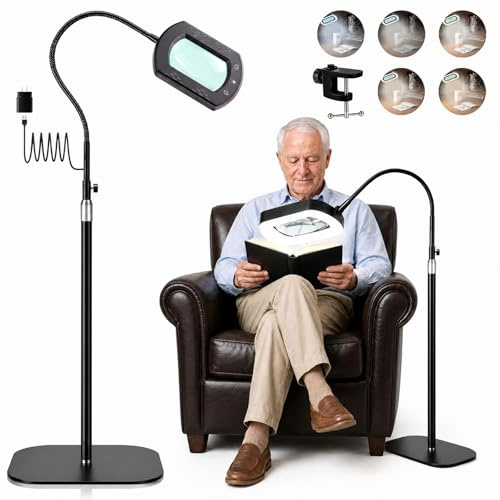10X Lupe mit Licht und Ständer, 3-in-1 Lupenlampe mit 60 LED | Flexible Schwanenhals Lupenleuchte mit Klemme, 5 Farbmodi Dimmbar, Leselupe für Senioren Groß, Kunsthandwerk, Nähen