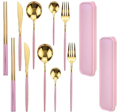 Travel Cutlery Set for 2, Reusable Stainless Steel Fork Spoon Chopsticks with Case, 5 Piece Ideal Portable Pink Lunch Cutlery Set for Work, Camping & Home